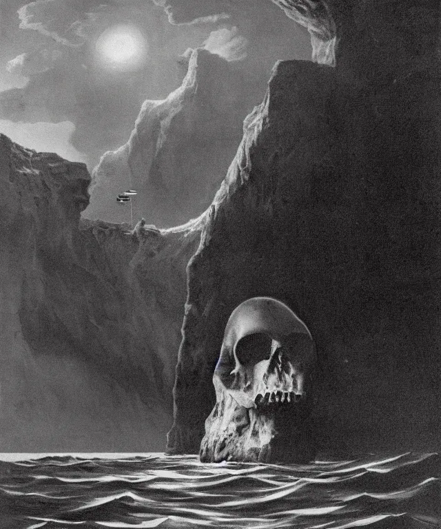 Prompt: realistic photo of a 1 9 2 5 seiner sailing near a tropical skull - shaped cliff with the mouth of a sea cave at the waterline, dark, brooding, atmospheric, lovecraft, horror, smooth, epic, highly detailed, cinematic, by clyde caldwell