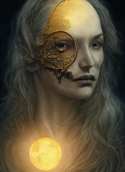 Image similar to golden moon at background, creative!!! composition for a book cover, absurdly beautiful, ultrafine hyperrealistic detailed old witch face by wlop and artgerm and greg rutkowski, intricate linework, sharp focus, smooth, octopath traveler, final fantasy, unreal engine, dramatic lighting, ethereal, 8 k