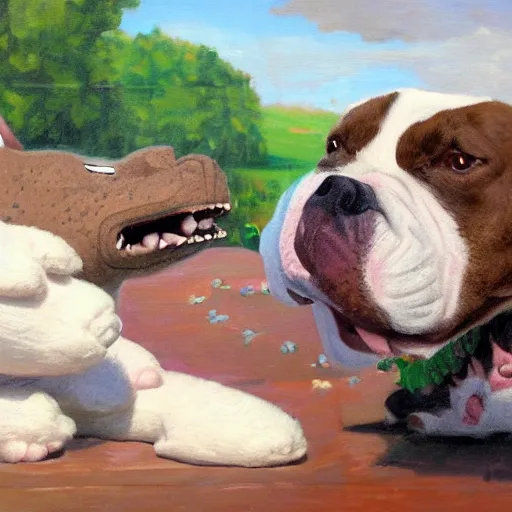 Prompt: pitbull bulldog mix with brindle coat and white paws and white chest playing with a dinosaur plushie. oil painting. impressionist. sunny day.