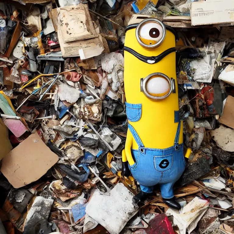 Image similar to photo of a badly taxidermied minion in a hoarder house