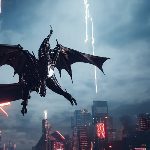 Prompt: a black lightning dragon flying through the sky, cyberpunk 2077, 3d render