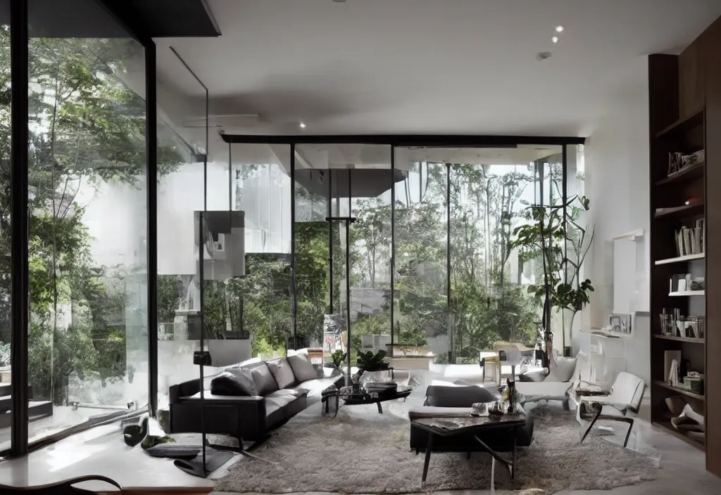 Prompt: a modern interior design, living room, residential design, floor - to - ceiling windows, by gracinha viterbo, trending ，