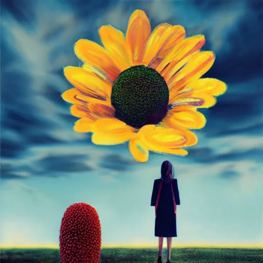 Image similar to giant daisy flower head, frontal, girl in a suit standing on street, surreal photography, sunrise, dramatic light, impressionist painting, digital painting, artstation, simon stalenhag