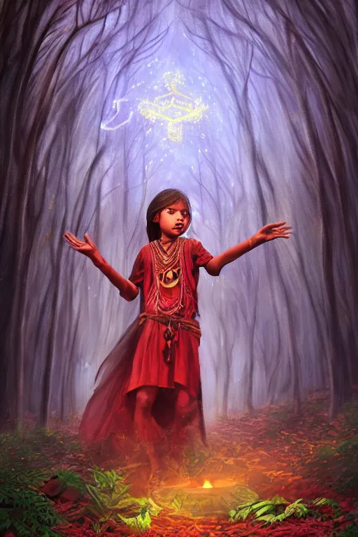 Image similar to aztec sorcerer casting a powerful spell in a dark forest, by lilia alvarado, lilia alvarado art, digital painting, digital art,