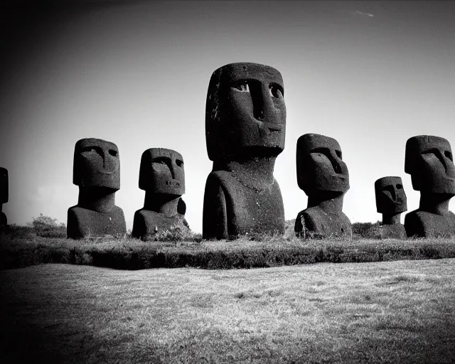 Image similar to black and white noir film with moai