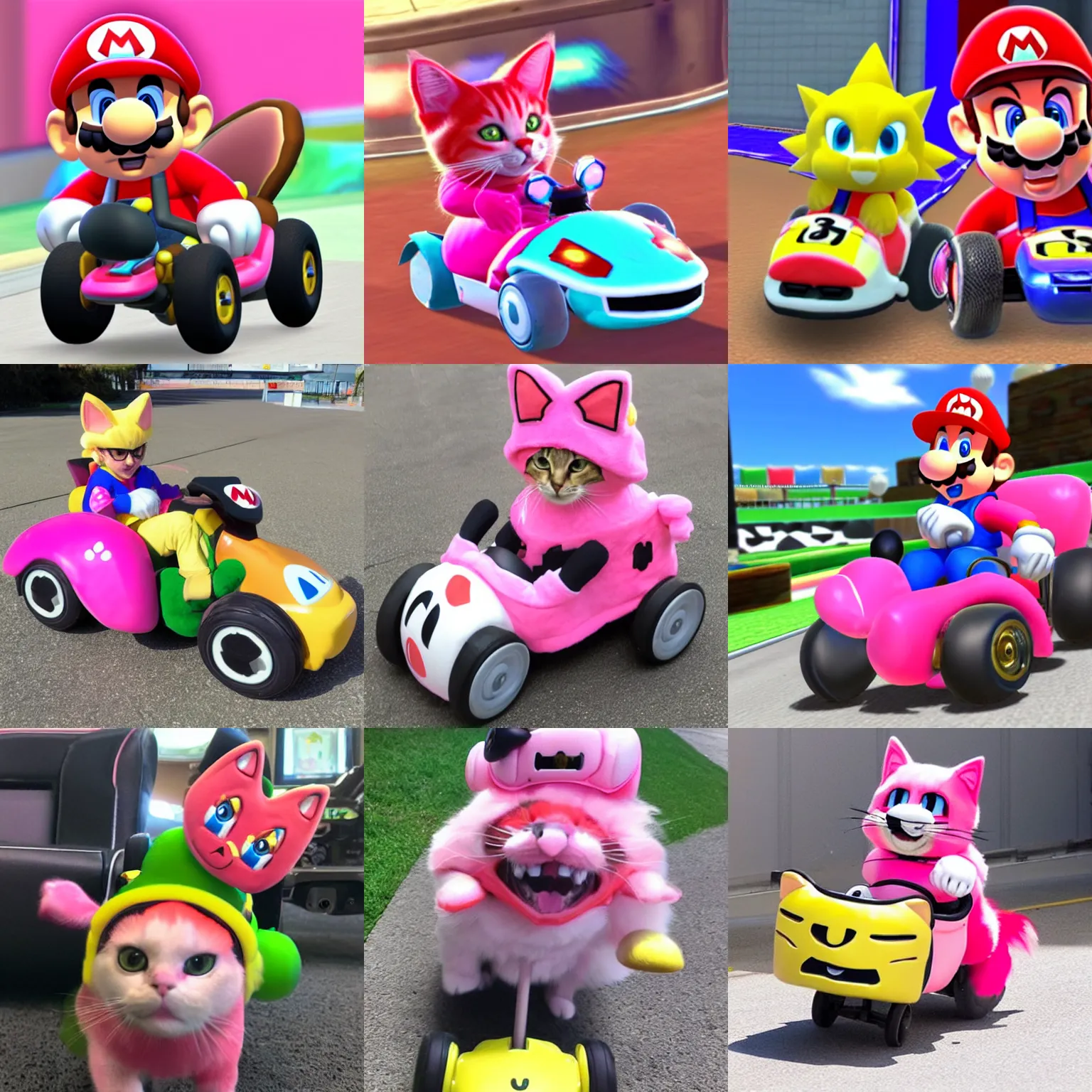 Prompt: Nintendo Mario Kart 8 cat costume cat peach driving a kart along the track as a pink cat with cat ears and tail