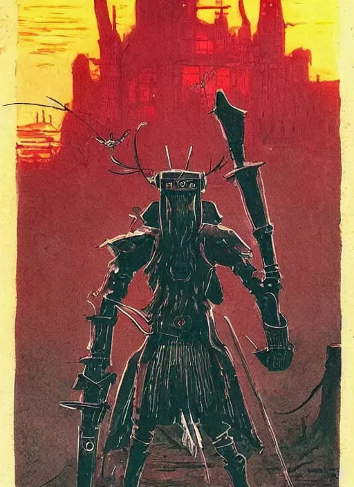 Prompt: a hunter from bloodborne vs retrofuturism robot in yharnam, style by retrofuturism, faded red and yelow, by malcolm smith, old comics in city, nicholas roerich