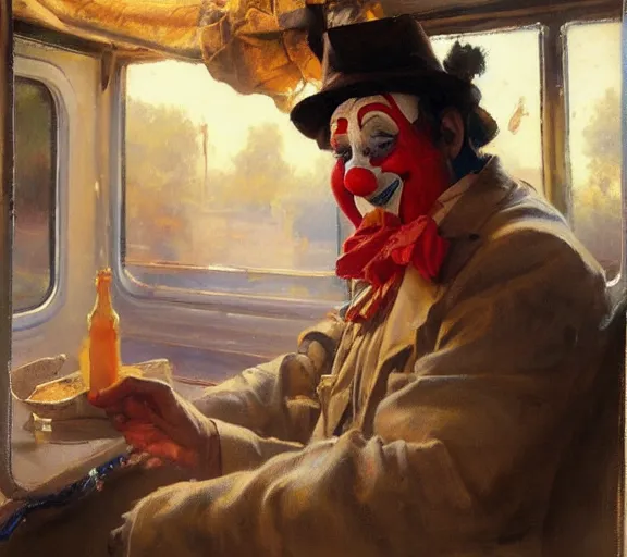 Image similar to a clown selling goodies on the train, highly detailed painting by gaston bussiere, craig mullins, j. c. leyendecker 8 k