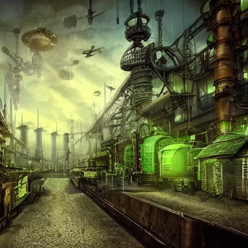 Prompt: beautiful steampunk landscape, industrial city, matte painting, green colors