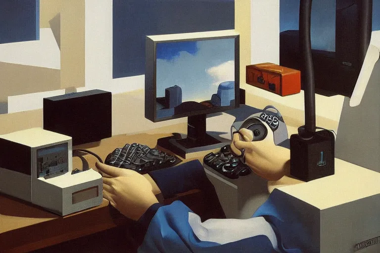 Prompt: gamer computer painting by rene magritte, high detail, high resolution