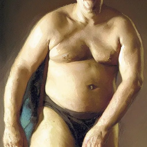 Image similar to Stephen Fry with a flabby body type, painting by Gaston Bussiere, Craig Mullins