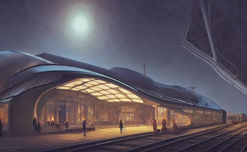 Image similar to exterior shot of utopian train station with cinematic lighting by zaha hadid and renzo piano, darek zabrocki and greg ruthkowski, alphonse mucha, simon stalenhag, cinematic, holy place, paradise, scifi, futurism, atmospheric, dusk, concept art, artstation, trending on artstation