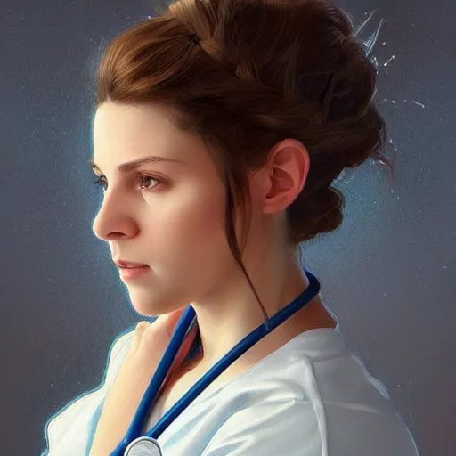 Prompt: an beautiful female nurse with short sleeves, perfectly-centered-Portrait of a most beautiful woman it the world, intricate, highly detailed, digital painting, artstation, concept art, smooth, sharp focus, illustration, Unreal Engine 5, 8K, art by artgerm and greg rutkowski and alphonse mucha