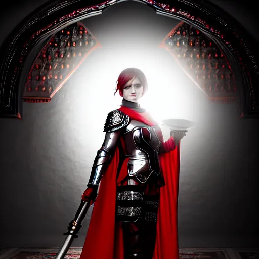 Prompt: a beautiful woman in a crimson cloak holding a glowing white spear and an obsidian shield, silver intricate armor, spotlight, ornate, realistic, cinematic lighting, sunbeams, volumetric lighting, epic pose, victorian, opulent 4 k