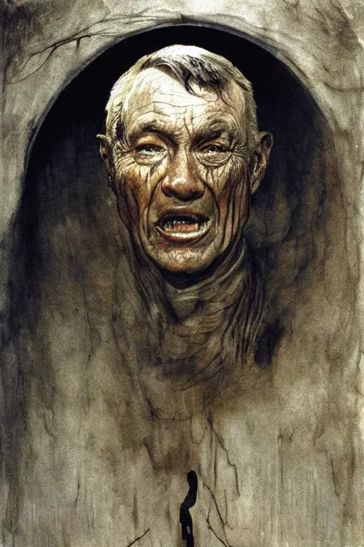 Image similar to Andrew Wyeth artwork, A man with a wooden box under his arm stands inside a dark tunnel, looking up with an expression of horror