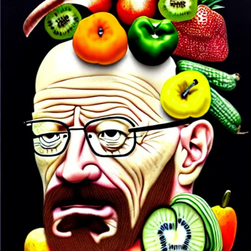 Image similar to walter white in the style of giuseppe arcimboldo, only fruits and veggies