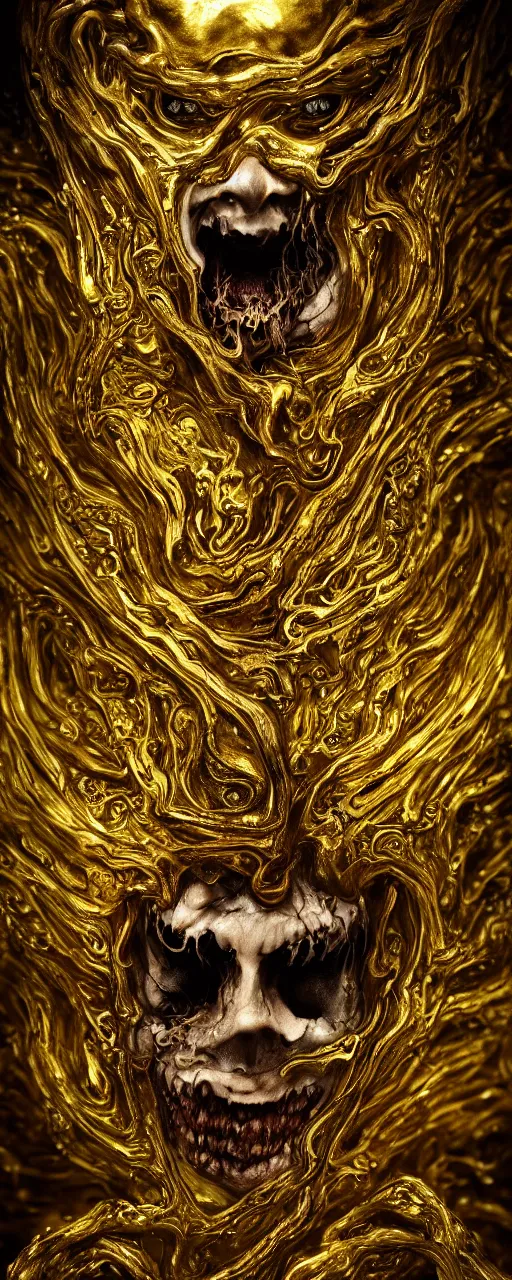 Prompt: close up portrait of a surreal shinigami floating in the middle of a ancient wood, gold fluid simulation in the background, ultra super good realistic 3D render by Pete Morbacher and Emil Melmoth, insanely detailed, trending on artstation, sharp focus