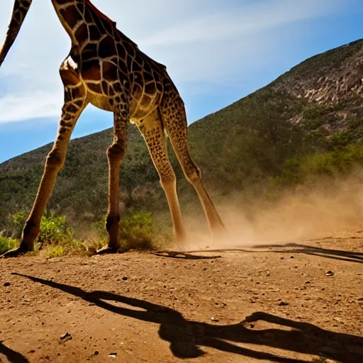 Image similar to An action photo of a giraffe with old school brown pilot goggles riding mountainbike, fast towards the camera, motion blur, high detail, wide shot