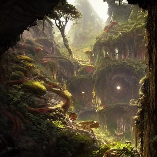 Image similar to worm's eye view of a elven headquarters carved inside a mountain above a arranged garden, neat and tidy, magical, natural light, fantasy, sharp focus, concept art, by greg rutkowski and craig mullins, cozy atmospheric