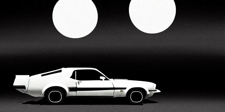 Image similar to a cinematic keyframe matte painting of a sleek 1 9 7 0 s vaporwave concept vehicle retro - futurism sci - fi ford mustang fast back knight rider blacked out car in an open garage in the american southwest, view from the street. in the moonlight. cactus. by eric lafforgue, glennray tutor and edward hopper, greg rutkowski. trending on artstation.