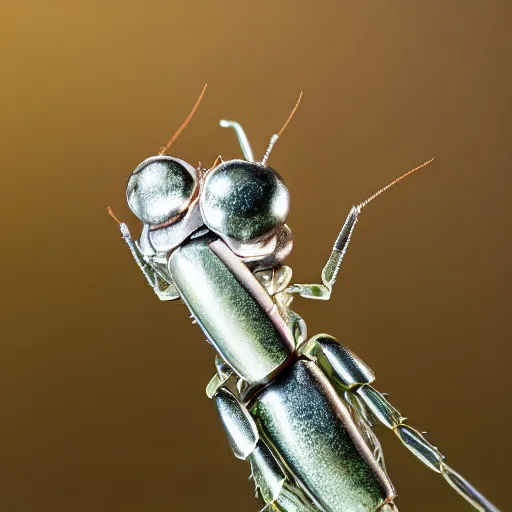 Prompt: Macro photography of a silver robot mantis in the wild, 88m Sigma f/1.4, dramatic lighting