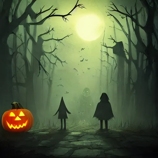 Image similar to a creepy and eery Halloween setting, with Jack o lanterns on the street and shadow figures lurking about, dynamic lighting, photorealistic fantasy concept art, stunning visuals, creative, cinematic, ultra detailed, trending on art station, spooky vibe