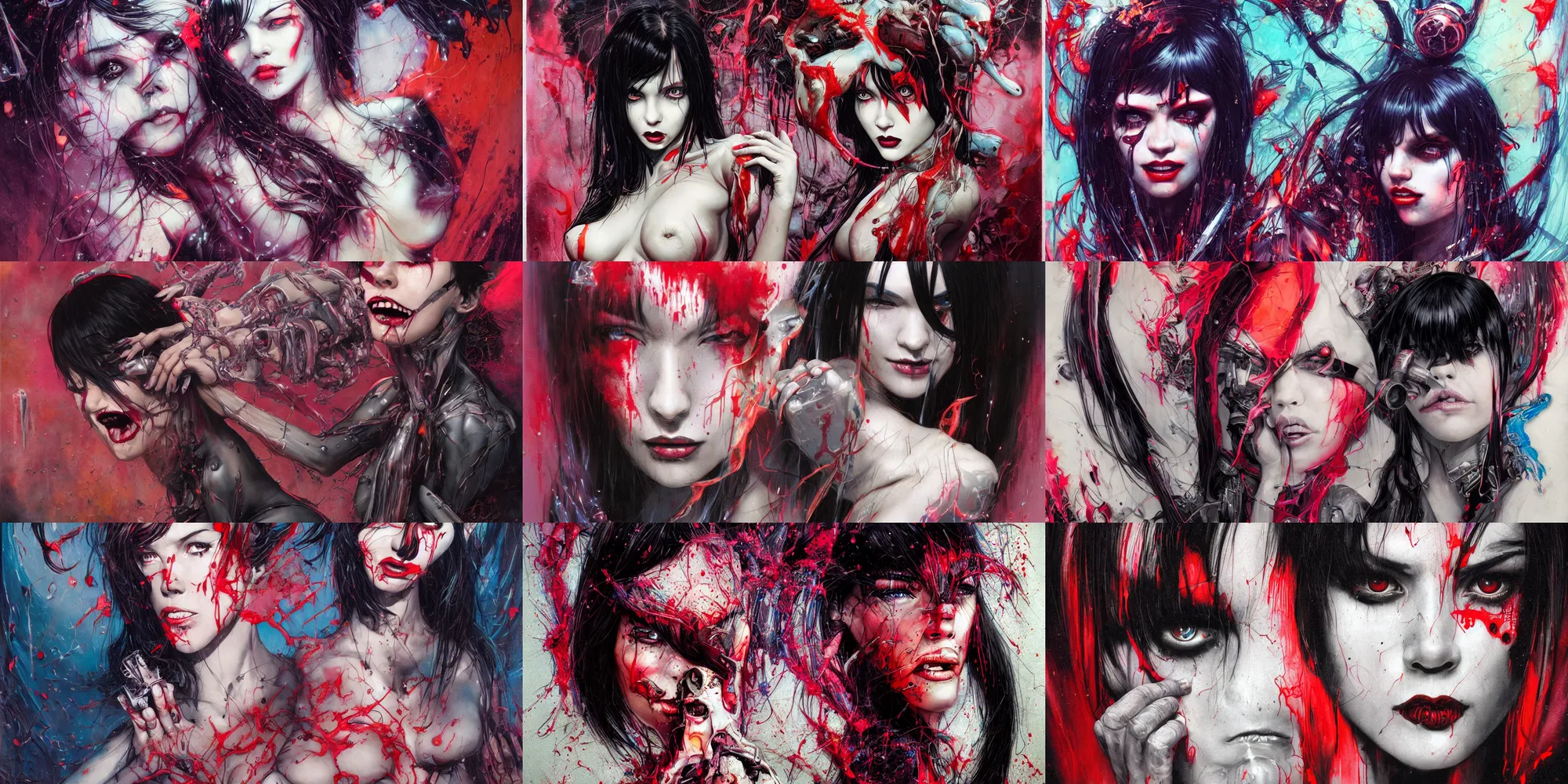 Prompt: portrait of Vampirella, cameras, melting ,8k,by tristan eaton,Stanley Artgermm,Tom Bagshaw,Greg Rutkowski,Carne Griffiths, Ayami Kojima, Beksinski, Giger,trending on DeviantArt,face enhance,hyper detailed,minimalist,cybernetic, android, blade runner,full of colour 8k, hd, high resolution print