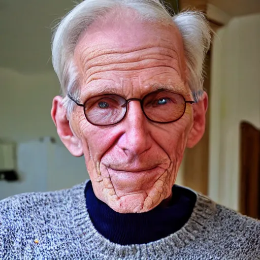 Image similar to A photograph of old Jerma985 in his eighties who looks like Jerma985 wearing a sweater in the 2010s, Jerma985, looks like Jerma985, taken in the late 2010s, taken on a 2010s Camera, realistic, hyperrealistic, very realistic, highly detailed, very detailed, extremely detailed, detailed, digital art, trending on artstation, headshot and bodyshot