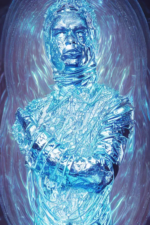 Image similar to hyper detailed ultra sharp portrait of baroque and bladerunner delicate neon diamond sculpture of seductive albino christian santamaria, sarcophagus blue iridescent humanoid deity wearing metallic hoody made out of hands holding the sun prismatic dungeon, glowing blue face, crown of white diamonds, cinematic lighting, photorealistic, octane render 8 k depth of field 3 d