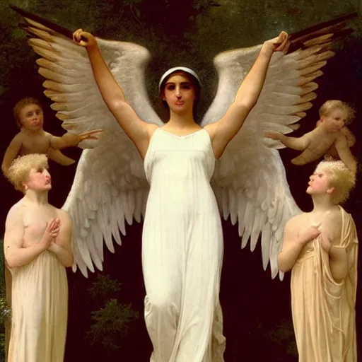 Image similar to christian art, Donald Trump next to AOC, painted by William Adolphe Bouguereau, angels and mary