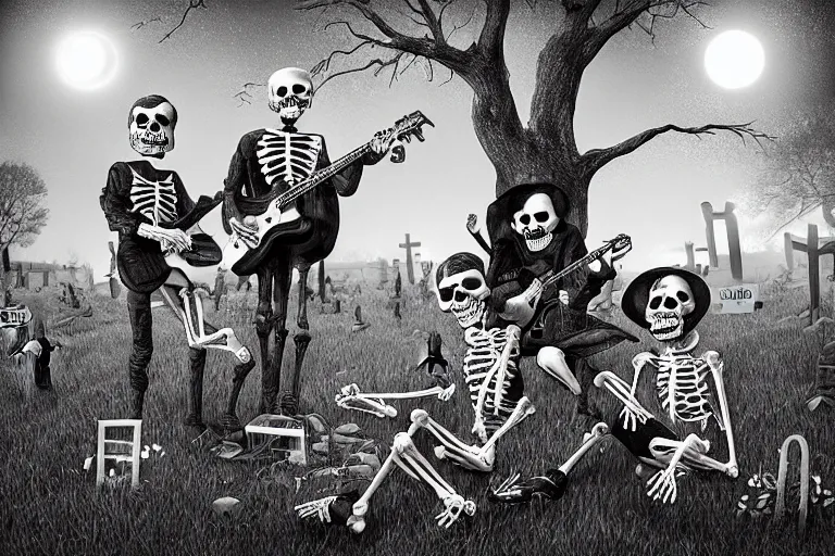 Prompt: rockers as skeletons with electric guitars in the hands in a cemetery, guitars, rock concert, dark night, full moon, the oak tree, highly detailed digital art, photorealistic