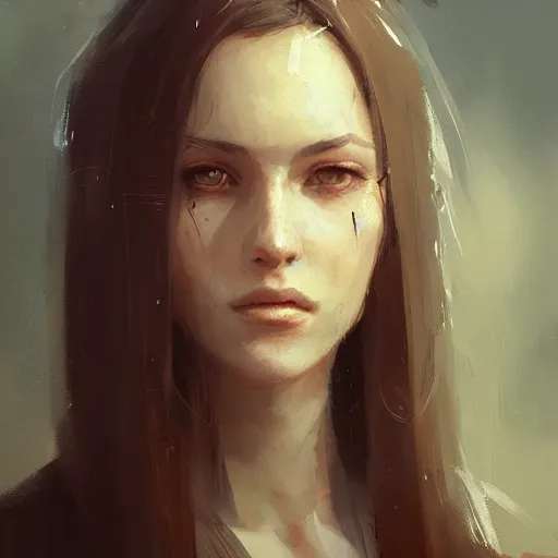 Prompt: Portrait of a woman by Greg Rutkowski, she is about 20 years old, brown long and straight hair, pretty oval face, attractive, sharp lines, Artstation HQ