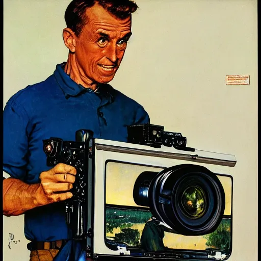 Image similar to norman rockwell painting of a television crew member holding a large television - video - camera