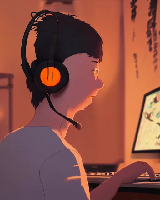 Image similar to man with headphones at his home studio producing music late at night, very detailed, 4 k, cory loftis, james gilleard, atey ghailan, makoto shinkai, goro fujita, studio ghibli, rim light, exquisite lighting, clear focus, very coherent