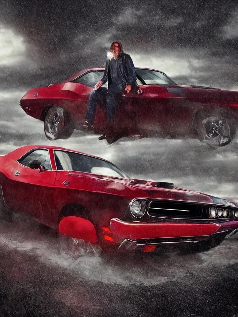 Prompt: a realistic detailed photo of karl havoc driving a 1 9 7 0 dodge challenger in the rain, character concept, cinematic lighting, global illumination radiating a glowing aura, i think you should leave