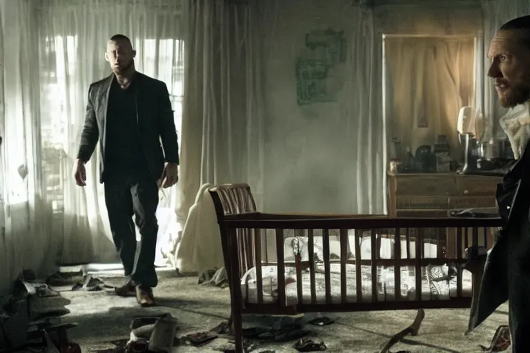 Image similar to film still of Tom Hardy as Max Payne in a dark dream next to a baby crib in the Max Payne movie, 4k