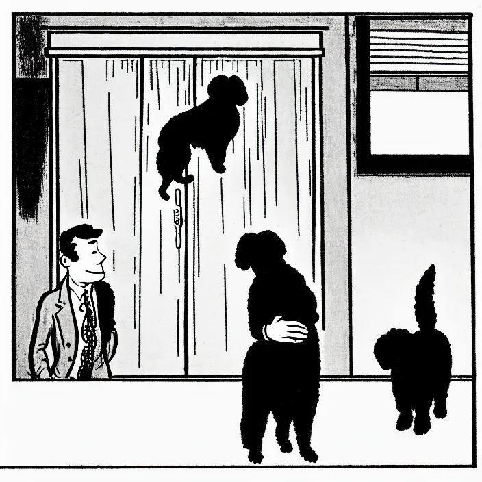 Image similar to a still frame from comic strip, two people hanging a black fluffy dog 1 9 5 0, herluf bidstrup, new yorker illustration, monochrome contrast bw, lineart, manga, tadanori yokoo, simplified,