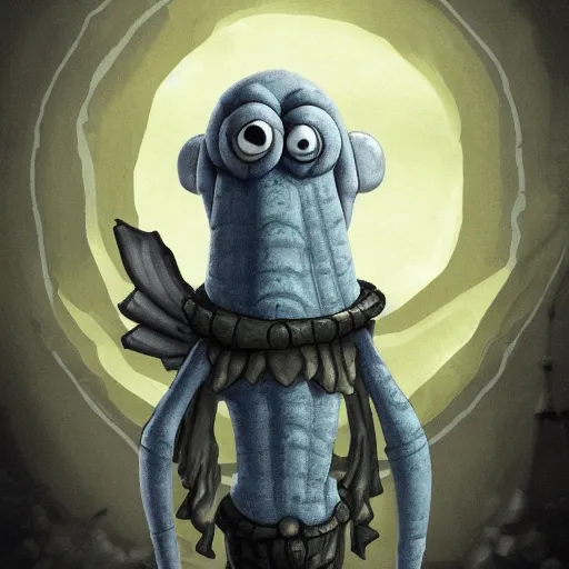 Prompt: squidward as a dark souls boss by Stephen Mcmennamy