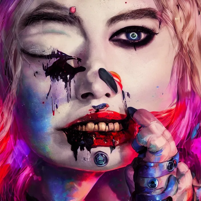 Image similar to portrait of Margot Robbie as a harley quinn. intricate abstract. intricate artwork. nightmare fuel. by Tooth Wu, wlop, beeple, dan mumford. octane render, trending on artstation, greg rutkowski very coherent symmetrical artwork. cinematic, hyper realism, high detail, octane render, 8k, iridescent accents