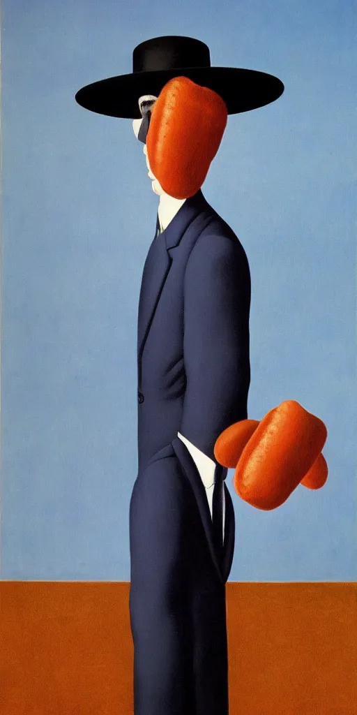 Prompt: A Rene Magritte Son Of Man painting of a man with a hat on a blue background, a floating hotdog blocks the man’s face, The Son Of Man