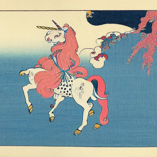 Image similar to A unicorn with rainbow color by Katsushika Hokusai