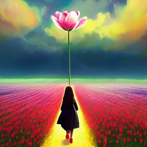 Image similar to large tulip as a face, girl walking in a flower field, surreal photography, sunrise dramatic light, impressionist painting, colorful clouds, digital painting, artstation, simon stalenhag