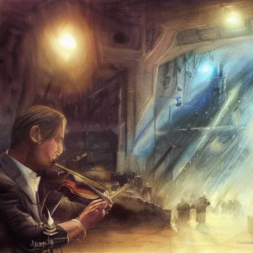 Image similar to orchestral music played by secret agents, painted by john howe, pixiv, deviantart, artstation, danbooru, illustration, realistic