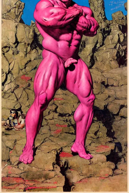 Image similar to full body portrait of morgan aste as huge pink hulk wearing trousers, simple background, painted by jack kirby, lawrence alma tadema, norman rockwell, greg staples, wayne barlow, jacob collins, tom lovell, frank schoonover, neville page