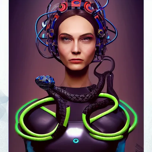 Image similar to a robotic woman with snakes in her hair, artstation