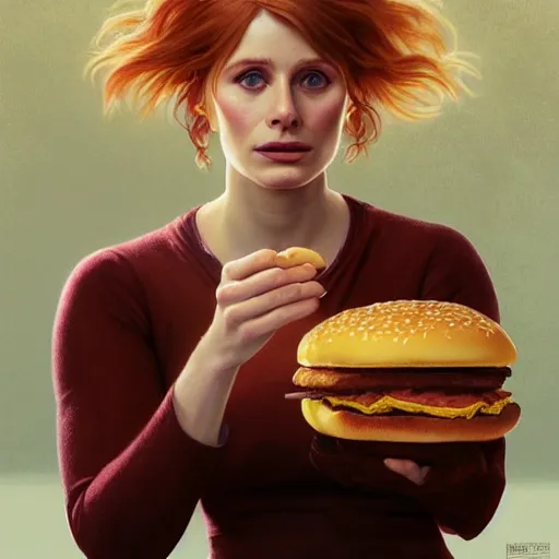 Prompt: portrait of Bryce Dallas Howard eating hamburgers, extra onions and ketchup, luscious patty with sesame seeds, feminine ethereal, handsome, D&D, fantasy, intricate, elegant, highly detailed, digital painting, artstation, concept art, matte, sharp focus, illustration, art by Artgerm and Greg Rutkowski and Alphonse Mucha