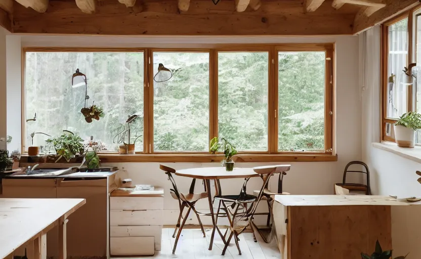 Image similar to interior of an a frame cabin kitchen with many plants, bed, white walls, wood beams, vintage orange fridge, swedish design, natural materials, minimalism, warm wood, earth colors, feng shui, rustic, white, beige, bright, plants, windows with a view of a green park, modernist, 8 k