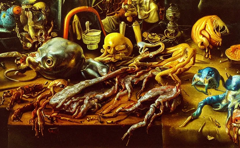 Prompt: disturbing colorful oil painting dutch golden age vanitas still life sparse composition interesting scaling with bizarre objects strange gooey transparent surfaces shiny metal reflections bizarre mutant meat insects rachel ruysch dali todd schorr very detailed perfect composition rule of thirds masterpiece canon 5 0 mm, cinematic lighting, photography, retro, film, kodachrome