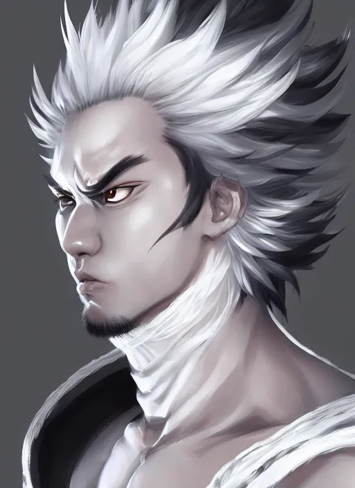 Image similar to a highly detailed illustration of fierce short white haired attractive young japanese man wearing white hakama, black sclera! eyes, dramatic pose, muscular, intricate, elegant, highly detailed, centered, digital painting, artstation, concept art, smooth, sharp focus, league of legends concept art, wlop