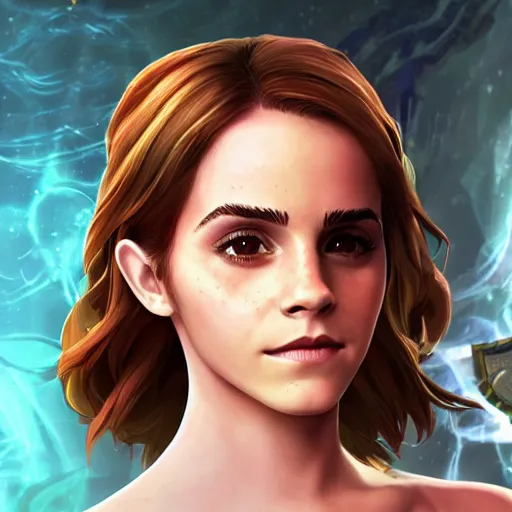 Image similar to Emma Watson as a character in the game League of Legends, with a background based on the game League of Legends, detailed face, old 3d graphics